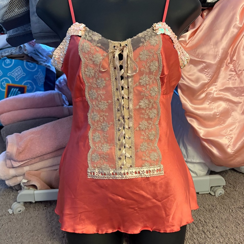 Pink 100% Silk Lace-Up Y2K Fairy tank with Ivory Lace